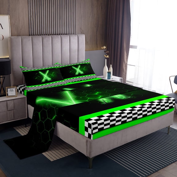 Erosebridal Teens Sports Bed Sheets Set Twin Size, Lightning Bed Sheets Twin, Racing Checkered Decor 3pcs