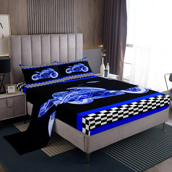 Erosebridal Teens Sports Bed Sheets Set Twin Size, Motorcycle Bed Sheets Twin, Racing Checkered Decor 3pcs