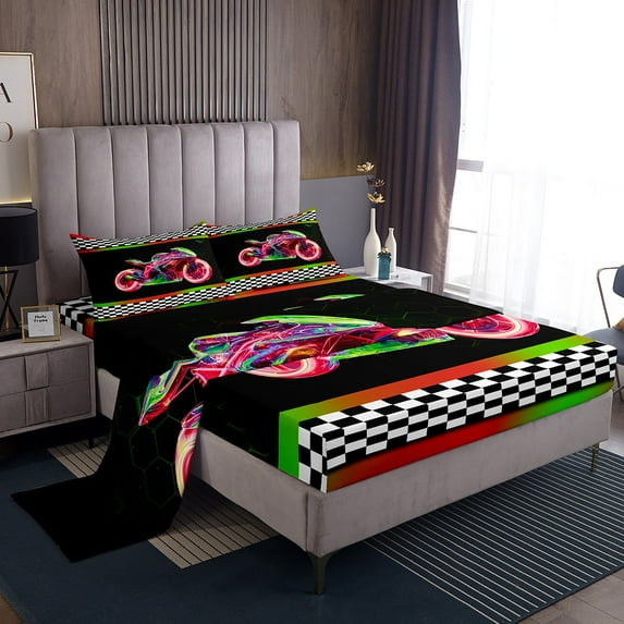 Erosebridal Teens Sports Bed Sheets Set Twin Size, Motorcycle Bed Sheets Twin, Racing Checkered Decor 3pcs