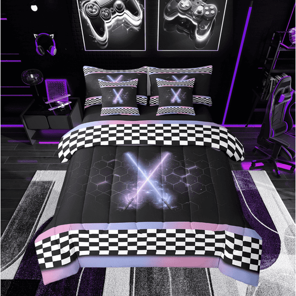 Erosebridal Teens Sports Bedding Twin Size, Lightsaber Bedding Sets Twin Size, Racing Checkered Decor, Reversible 7pcs