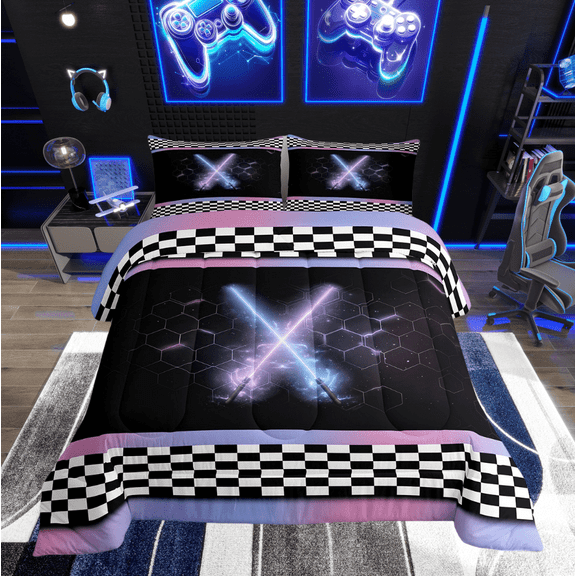 Erosebridal Teens Sports Comforter Sets Twin Size, Lightsaber Comforters & Duvets, Racing Checkered Decor, Reversible 2pcs