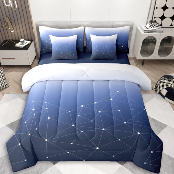 Erosebridal Teens Stars Print Bedding Comforter Set 7pcs,Gradient Blue Starry Sky Queen Bedding Sets For Boys,Navy Blue Reversible