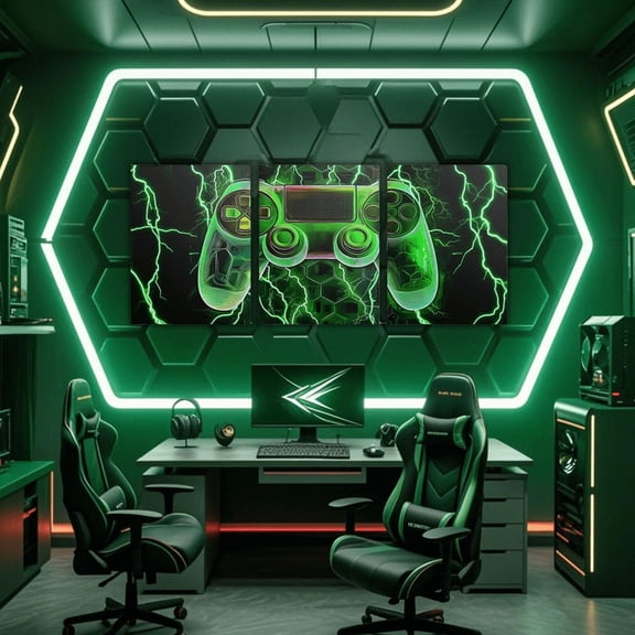 Erosebridal Teens Video Game Canvas Wall Art Living Room, Gradient Green Lightning Framed Wall Art Set of 3