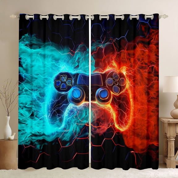 Erosebridal Teens Video Gaming Blackout Curtains Set of 2 (52x84 Each) For Boys,Blue Red Gradient Gamepad Window Curtains