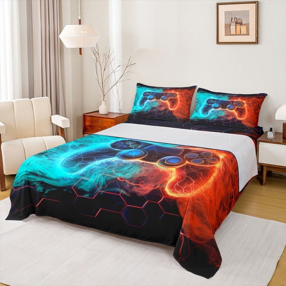 Erosebridal Teens Video Gaming Queen Sheet Sets For Boys,Blue Red Gradient Gamepad Bed Set 4 Pieces