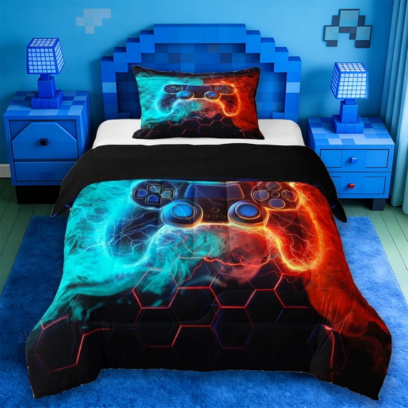 Erosebridal Teens Video Gaming Twin Comforter Sets For Boys,Blue Red Gradient Gamepad Bedding Set,Reversible Black 2pcs