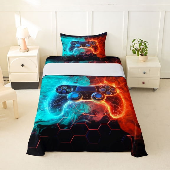 Erosebridal Teens Video Gaming Twin Sheet Sets For Boys,Blue Red Gradient Gamepad Bedding 3pcs