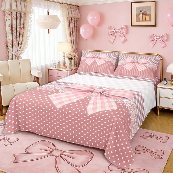 Erosebridal Teens Vintage Floral Bow Bed Sheets 4pcs,Girls Ombre Polka Dots King Sheets,Microfiber Bedroom Decor