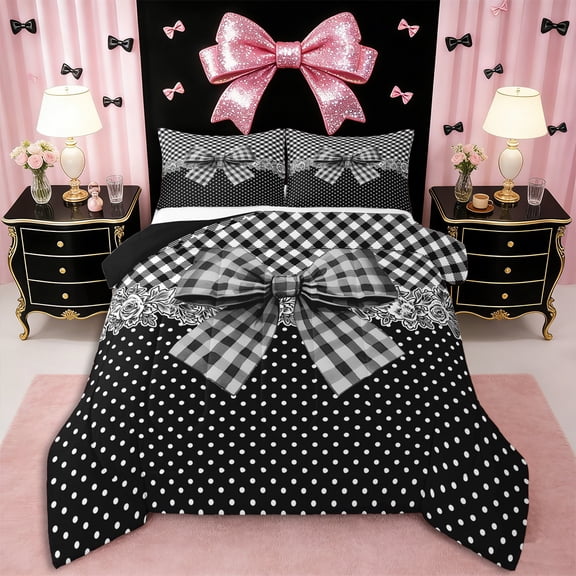 Erosebridal Teens Vintage Floral Bow Full Size Comforter Sets 3 Pieces,Girls Ombre Polka Dots Bedding Sets,Black Reversible,Microfiber Bedroom Decor