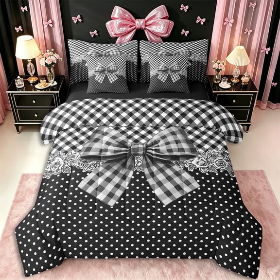 Erosebridal Teens Vintage Floral Bow Twin Bedding Sets 7-Piece,Girls Ombre Polka Dots Bedding Comforter Set,Black Reversible,Microfiber Bedroom Decor