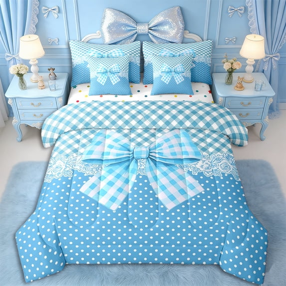 Erosebridal Teens Vintage Floral Bow Twin Bedding Sets 7-Piece,Girls Ombre Polka Dots Bedding Comforter Set,Luxury Bedroom Decor