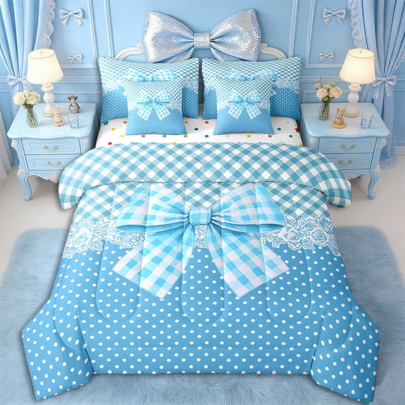 Erosebridal Teens Vintage Floral Bow Twin Bedding Sets 7-Piece,Girls Ombre Polka Dots Bedding Comforter Set,Luxury Bedroom Decor