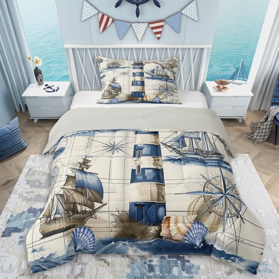 Erosebridal Teens Vintage Nautical Lighthouse Twin Comforter Sets 3-Piece,Ocean Theme Compass Boat Bedding Set For Boys Girls,Grey Reversible,Super Cozy Room Decor