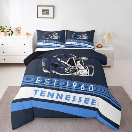 Erosebridal Tennessee Comforter Sets King Size,Navy Blue Stripes Comforters & Duvets,Rugby Helmet Bedding King Comforter Set,Stylish Living Room Decoration Reversible,3-Piece
