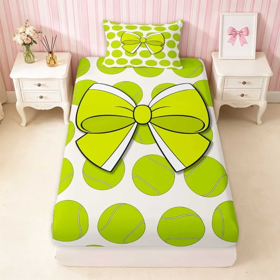 Erosebridal Tennis Ball Bow Twin Fitted Sheet for Girls, Sporty Athletic Team Play Bedding, 2-Pieces 1 Fitted Sheet and 1 Pillowcase