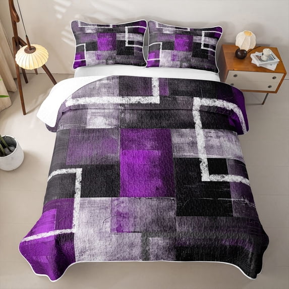 Erosebridal Textured Square Quilt King for Women Men, Abstract Block Print King Coverlet Set, Purple, 3pcs