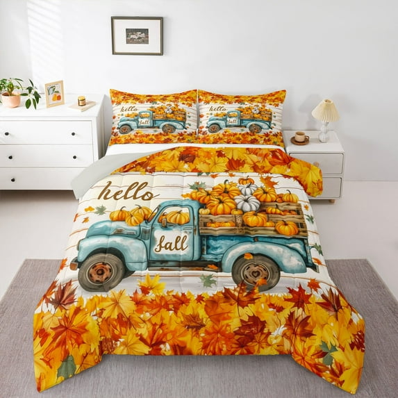 Erosebridal Thanksgiving Day Bedding King Comforter Set,Farm Pumpkin Truck Down Comforter,Autumn Harvest Theme Bedding Sets King with Comforter,Ultra Soft Bedroom Decor Reversible,3 Pieces