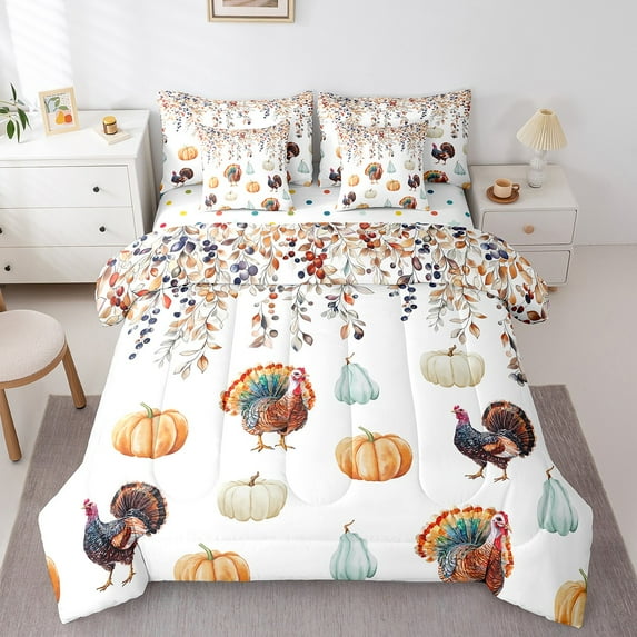 Erosebridal Thanksgiving Gifts Bedding Sets Queen Size, Pumpkin Eucalyptus Comforter Sets with Sheets, 7 Pieces, Reversible