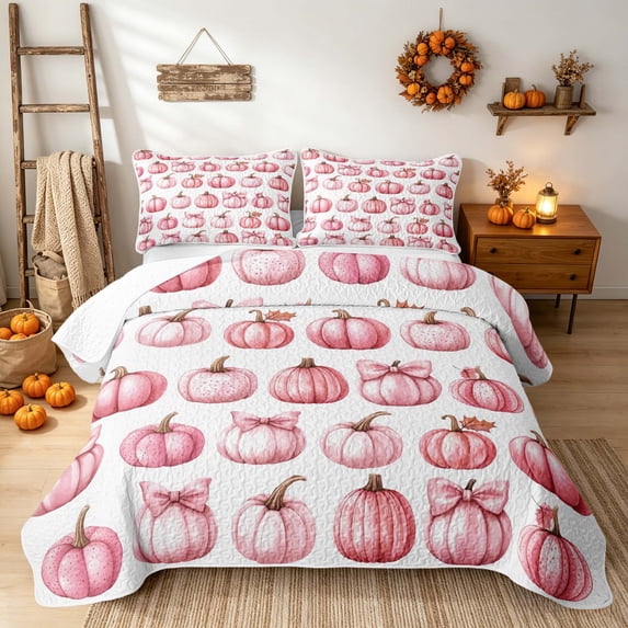 Erosebridal Thanksgiving Pink Pumpkin Quilt Full, Boho Bow Knot Full Bedspread Sets for Girls, Light Pink, 3-Piece 1 Coverlet and 2 Pillowcases