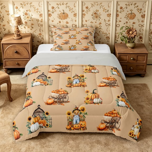 Erosebridal Thanksgiving Scarecrow Twin Comforter Sets 2pcs,Harvest Pumpkin Bedding Set,Brown,Reversible,1 Comforter and 1 Pillowcase