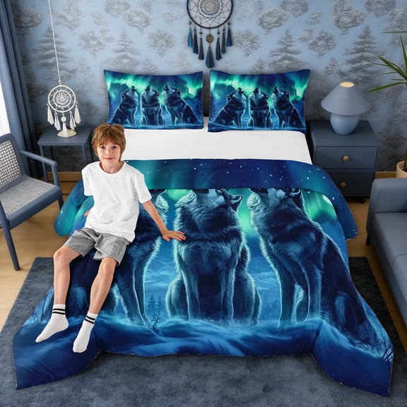 Erosebridal Three Wolves Howling at Bright Aurora Print Queen Comforter Set, Starry Night Bedding Comforter Set for Men and Women, Navy Reversible 3pcs, 1 Comforter and 2 Pillowcases