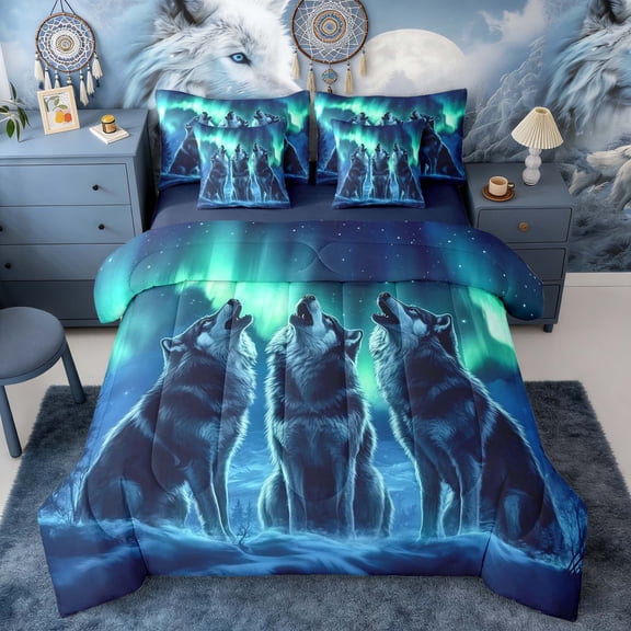 Erosebridal Three Wolves Howling at Bright Aurora Print Twin Bedding Sets, Starry Night Bedding Comforter Set for Men and Women, Navy Reversible 7-Piece