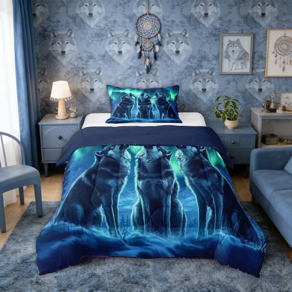 Erosebridal Three Wolves Howling at Bright Aurora Print Twin Comforter Sets, Starry Night Bedding Set for Men and Women, Navy Reversible 2-Piece, 1 Comforter and 1 Pillowcase
