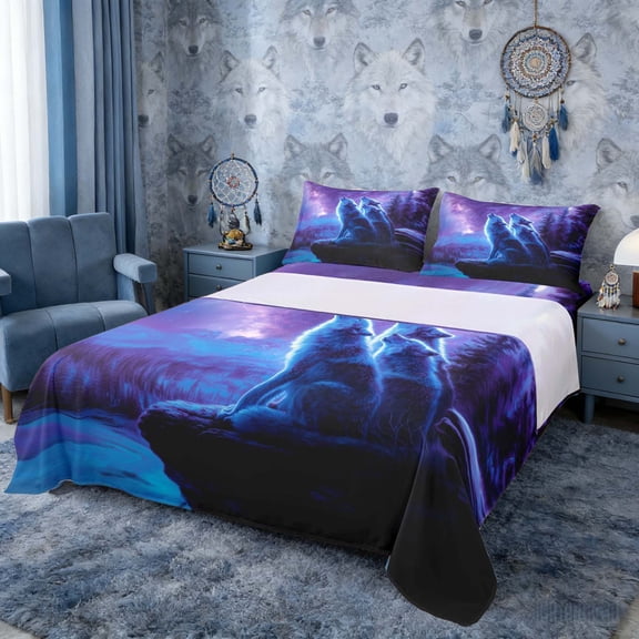 Erosebridal Three Wolves Howling at Galaxy Print Queen Sheet Sets, Cosmic Wildlife Bed Set for Men and Women, 1 Flat Sheet, 1 Fitted Sheet and 2 Pillowcases