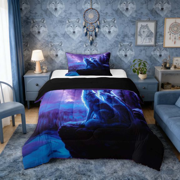Erosebridal Three Wolves Howling at Galaxy Print Twin Comforter Sets, Cosmic Wildlife Bedding Set for Men and Women, Black Reversible 2-Piece, 1 Comforter and 1 Pillowcase