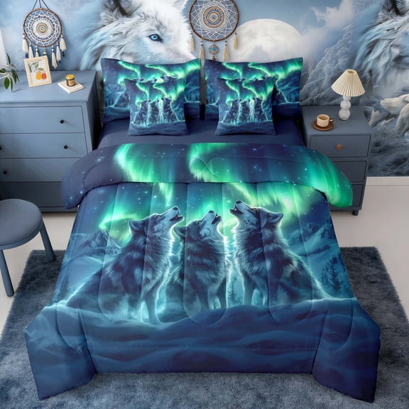 Erosebridal Three Wolves Howling at Green Aurora Print Twin Bedding Sets, Snowy Mountain Bedding Comforter Set for Men and Women, Navy Reversible 7pcs