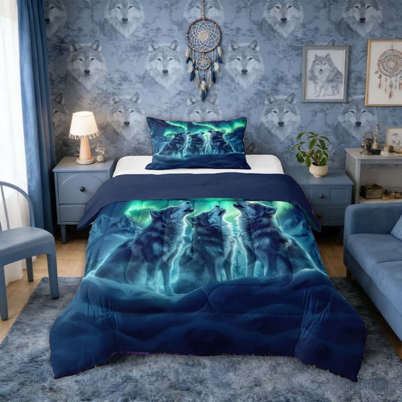 Erosebridal Three Wolves Howling at Green Aurora Print Twin Comforter Sets, Snowy Mountain Bedding Set for Men and Women, Navy Reversible 2pcs, 1 Comforter and 1 Pillowcase