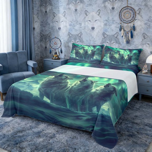 Erosebridal Three Wolves Howling at Teal Aurora Print Full Size Sheets, Cloudy Sky Bed Sheets for Men and Women, 1 Flat Sheet, 1 Fitted Sheet and 2 Pillowcases