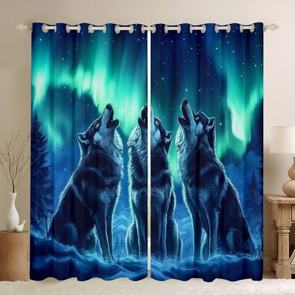 Erosebridal Three Wolves Howling at Bright Aurora Print Curtains Pack of 2 (42x84 Each), Starry Night Curtains Blackout for Men and Women