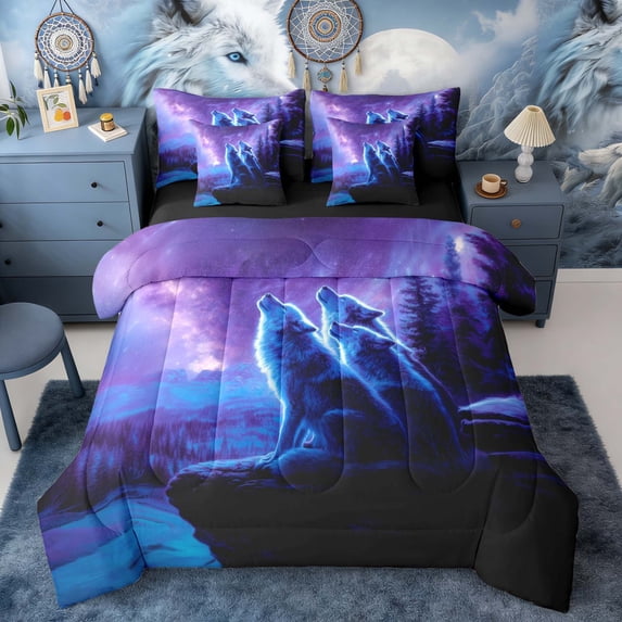 Erosebridal Three Wolves Howling at Galaxy Print Bedding Comforter Set, Cosmic Wildlife Queen Bedding Sets for Men and Women, Black Reversible 7pcs