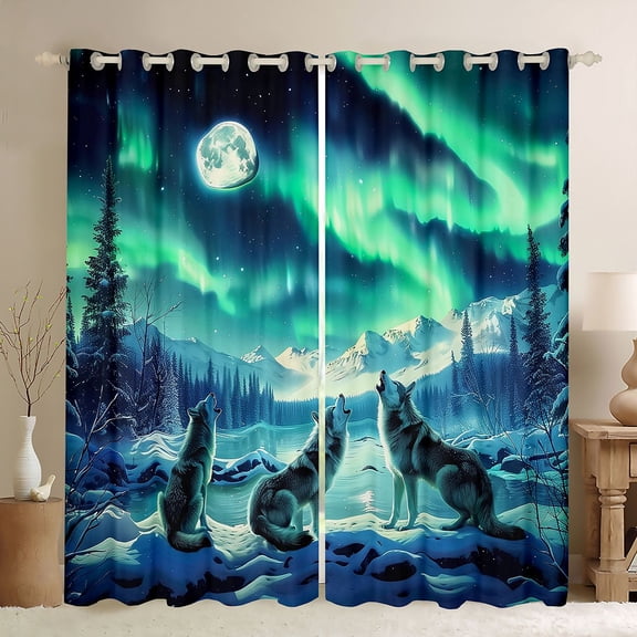 Erosebridal Three Wolves Howling at Moon Aurora Print Black Out Curtains, Icy Lake Curtains Pack of 2 (42x63 Each) for Men and Women