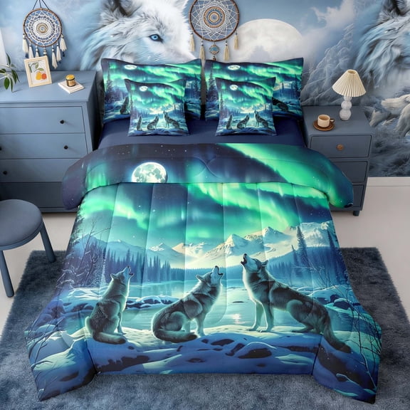 Erosebridal Three Wolves Howling at Moon Aurora Print Twin Bedding Sets, Icy Lake Bedding Comforter Set for Men and Women, Navy Reversible 7 Pieces