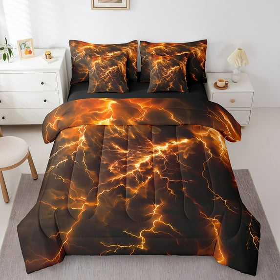 Erosebridal Thunder Lightning Bed in a Bag Full size, Geometry Abstract Bed Set, Neon Glowing Reversible Bedding Full Size, Breathable Room Decorative, 7 Pieces