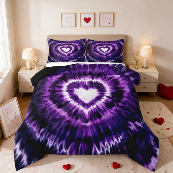 Erosebridal Tie Dye Heart Rainbow Swirl Full Size Comforter Sets for Girls, Hippie Boho Colorful Bedding Comforter Set, Black Reversible 3pcs 1 Comforter and 2 Pillowcases