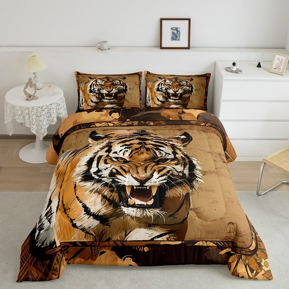 Erosebridal Tiger Bedding Sets King with Comforter for Teens, Jungle Wildlife Duvet Insert, Teens Adults, Reversible 3-Piece
