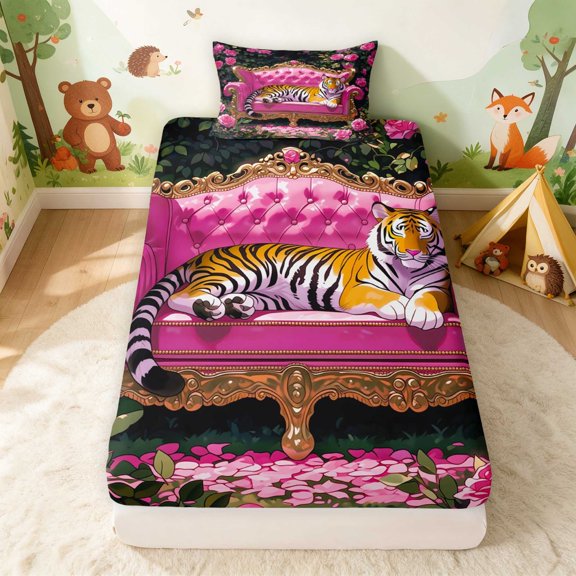 Erosebridal Tiger Twin Fitted Sheet for Girls, Pink Sofa Roses Bedding, 2-Piece 1 Fitted Sheet and 1 Pillowcase