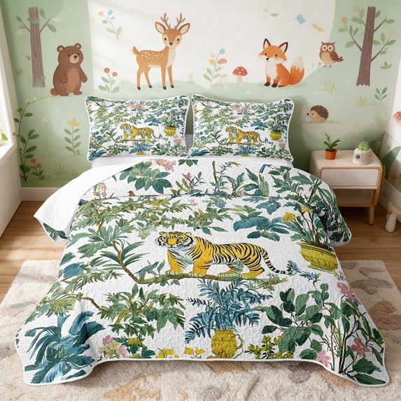 Erosebridal Tiger Twin Quilt Set for Boys Girls, Tropical Chinoiserie Twin Coverlet Set, 2pcs 1 Bedspread and 1 Pillowcase