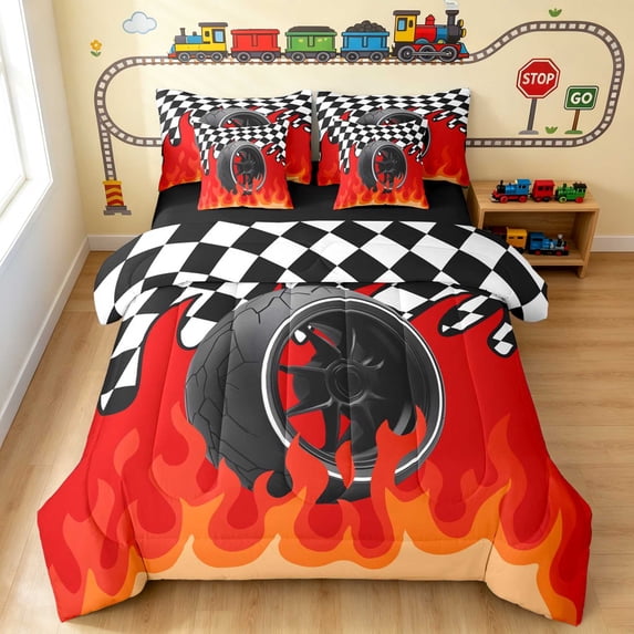 Erosebridal Tire Full Size Bedding Sets, Flames Full Size Bed in a Bag, Tire Flames, Black Reversible 7-Piece