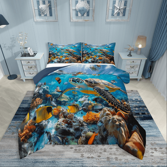 Erosebridal Tortoise Turtle Bedding King Comforter Set,Ocean Animal Bedding Sets King with Comforter,Sealife Decor,Reversible,Lightweight,3 Pieces