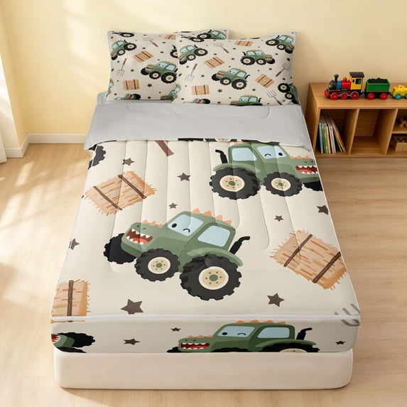Erosebridal Tractor Zipper Twin Comforter Sets with Fitted Sheet and 2 Pillowcases, Monster Truck Zipper Bedding Set, Tractor Monster, Gray Reversible