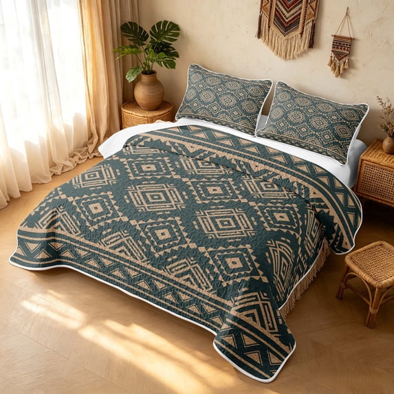 Erosebridal Traditional Aztec Quilt Full, Gothic Geometric Full Bedspread Sets, Deep Sage Tan 3-Piece, 1 Coverlet and 2 Pillowcases