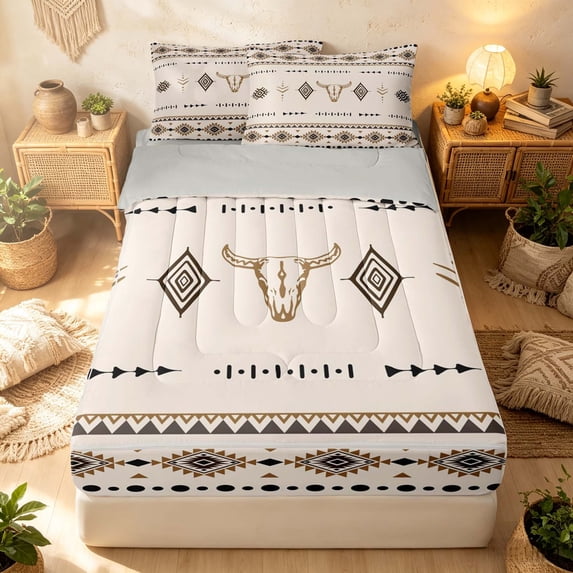 Erosebridal Traditional Aztec Zipper Twin Comforter Sets with Fitted Sheet and 2 Pillowcases, Gothic Cow Skull Zipper Bedding Set, Cream Brown Black, Gray Reversible