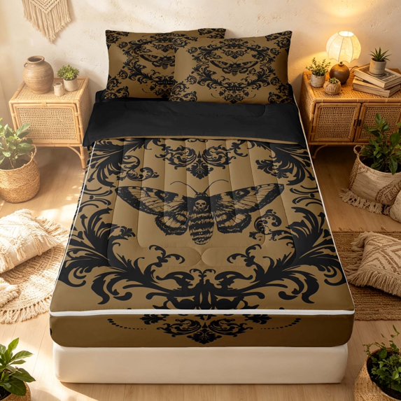 Erosebridal Traditional Damask Zipper Twin Comforter Sets with Fitted Sheet and 2 Pillowcases, Gothic Moth Zipper Bedding Set, Tan Black, Black Reversible