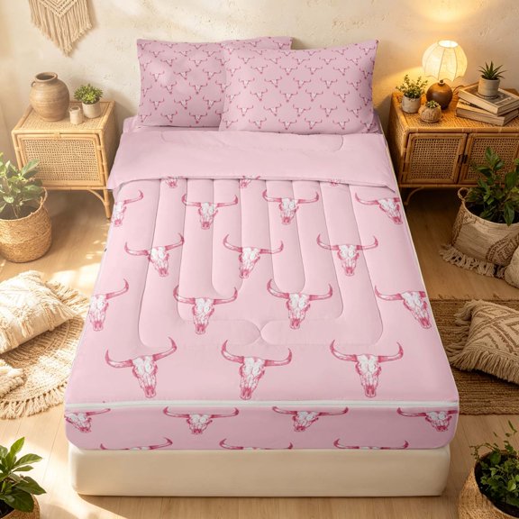Erosebridal Traditional Farmhouse Zipper Twin Comforter Sets with Fitted Sheet and 2 Pillowcases, Gothic Cow Skull Zipper Bedding Set, Light Pink Red, Pink Reversible