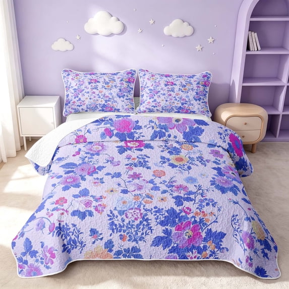 Erosebridal Traditional Flower Twin Quilt Set, Tropical Floral Twin Coverlet Set, Reversible, Lilac Floral, 2 Pieces (1 Bedspread and 1 Pillowcase)