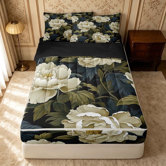 Erosebridal Traditional Flower Zipper Twin Comforter Sets with Fitted Sheet and 2 Pillowcases, Retro Floral Zipper Bedding Set, Black Reversible, Cream White Sage, Black Reversible